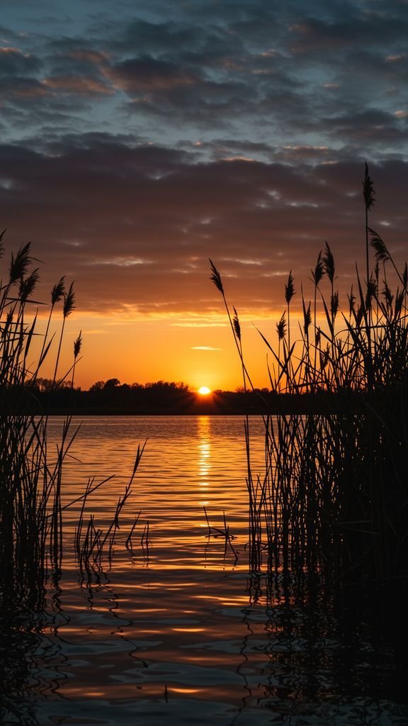Placeholder image for stunning sunset over water, framed by tall reeds in silhouette idea 6