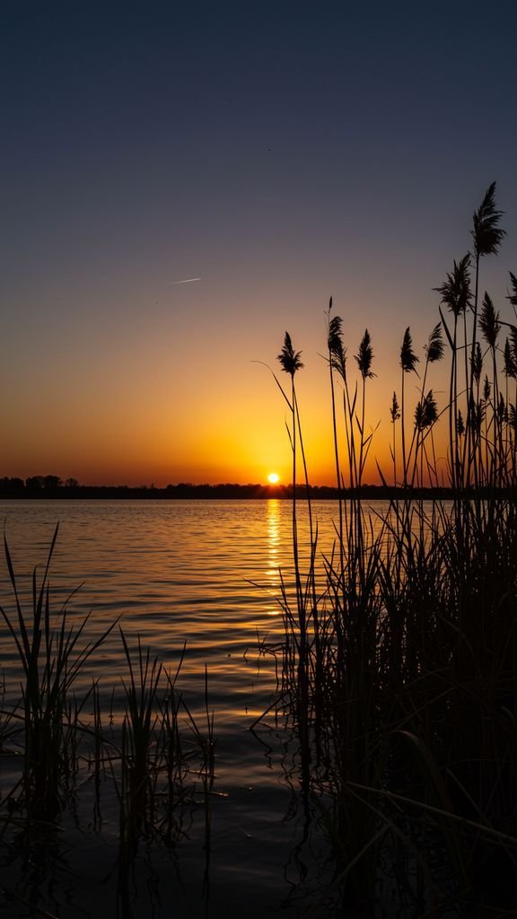 Placeholder image for stunning sunset over water, framed by tall reeds in silhouette idea 7