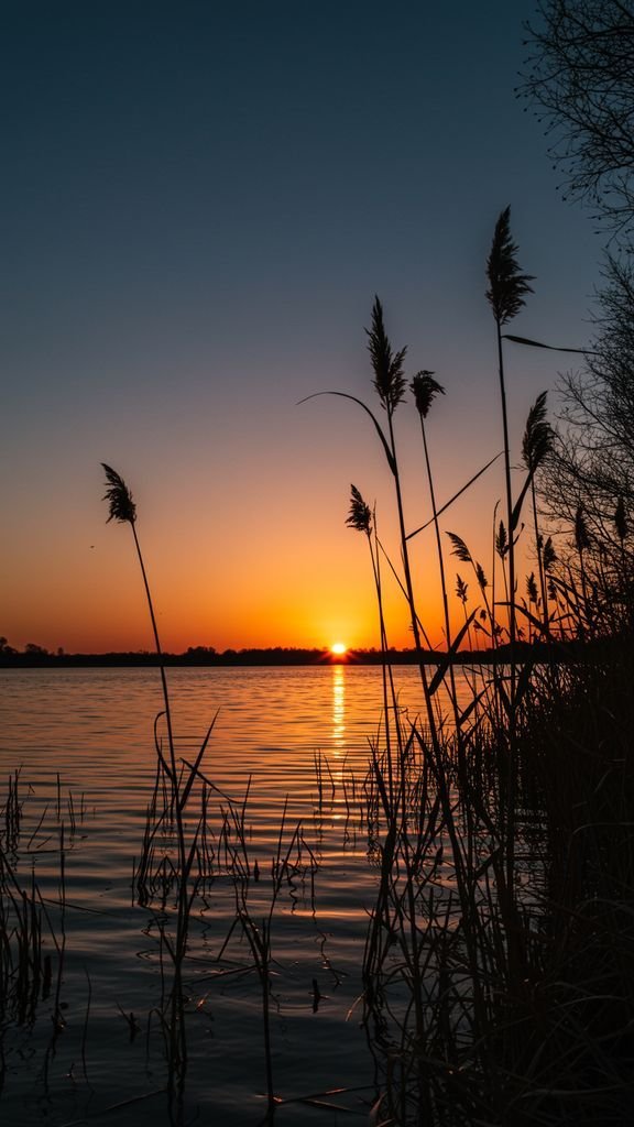 Placeholder image for stunning sunset over water, framed by tall reeds in silhouette idea 2