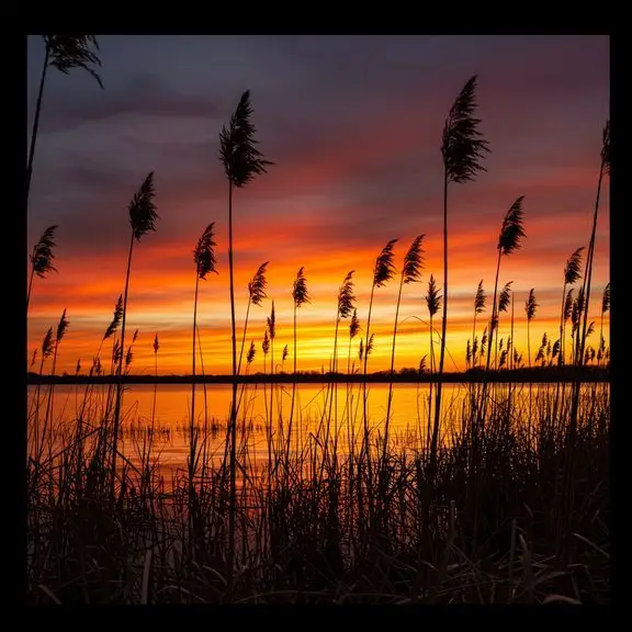 Featured image for stunning sunset over water, framed by tall reeds in silhouette