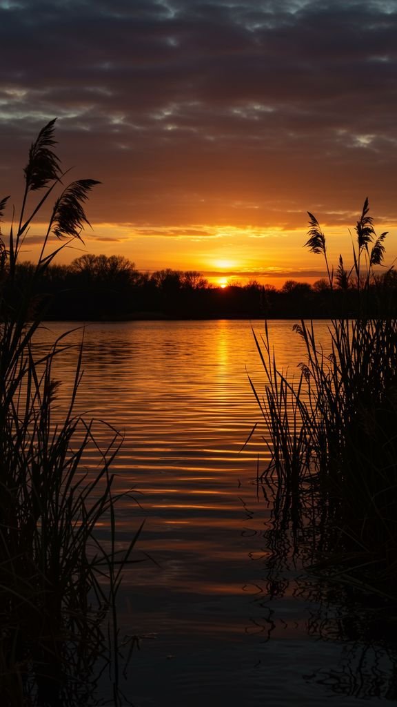 Placeholder image for stunning sunset over water, framed by tall reeds in silhouette idea 3