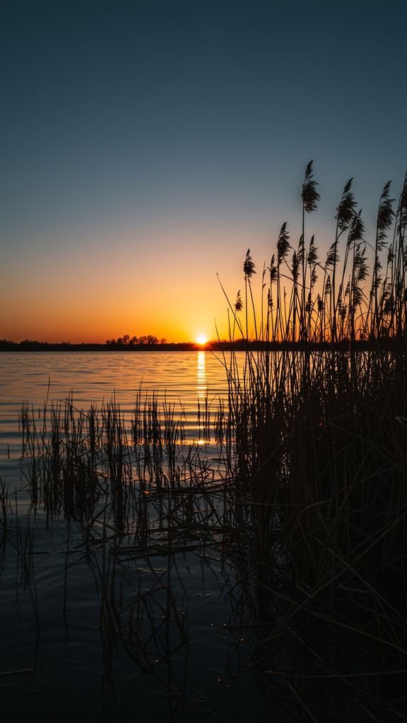 Placeholder image for stunning sunset over water, framed by tall reeds in silhouette idea 5