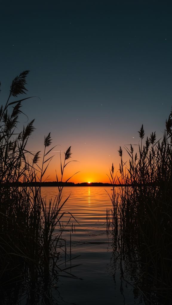 Placeholder image for stunning sunset over water, framed by tall reeds in silhouette idea 8