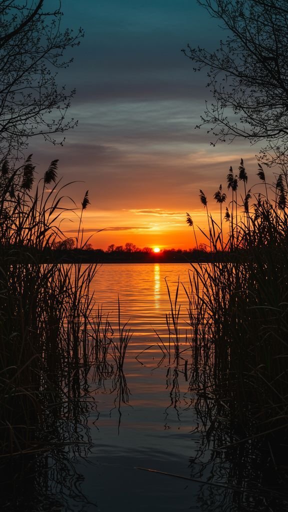Placeholder image for stunning sunset over water, framed by tall reeds in silhouette idea 4